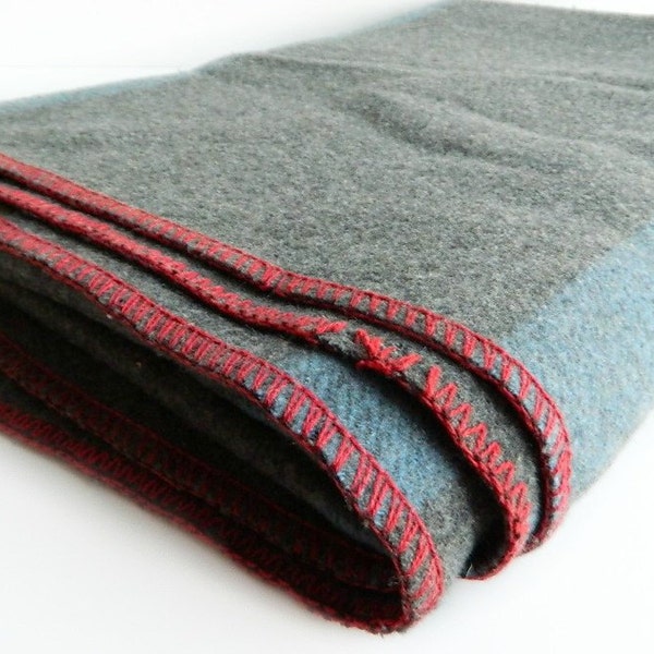 SALE:  Vintage Wool Blanket Gray With Blue Stripes Eagley Mills 1940s