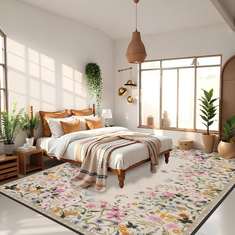 Boho Chic Elegance Floral Rug, Turkish Modern Unique Rug, Washable Non ...
