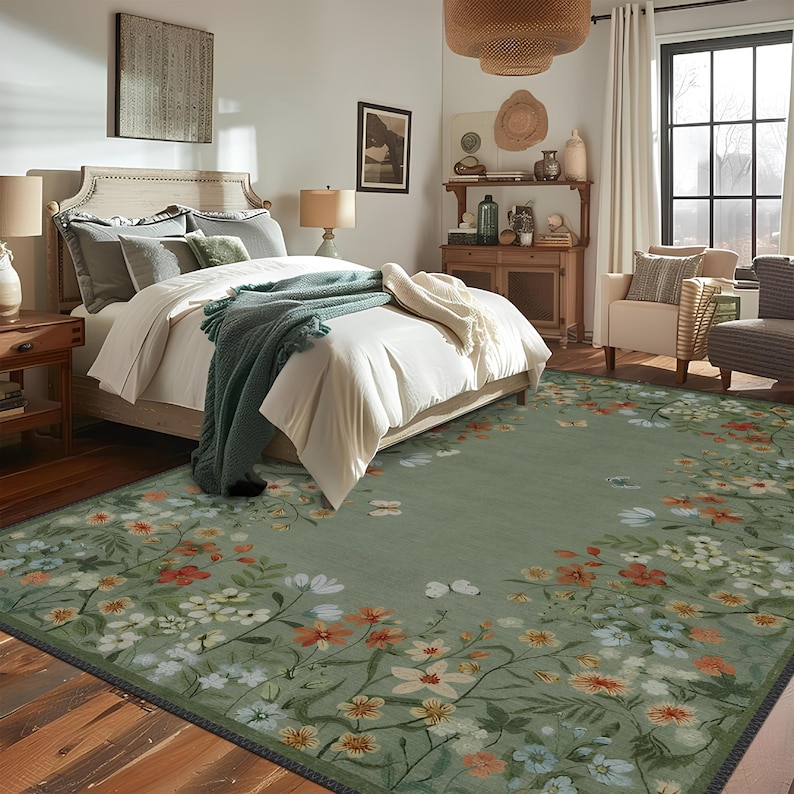 Peut inclure: Un tapis de sol vert &agrave; motifs floraux avec une bordure florale blanche et jaune. Le tapis est dans une chambre &agrave; coucher avec un lit blanc et une commode en bois.