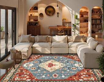 Traditional Style Rug, Antique Look Teppich, Washable Non-Slip Bohemian Area Rug, Turkish Distressed Large Rug 8x10, Rugs for Living Room