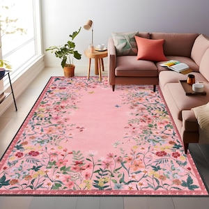 Boho Chic Elegance Floral Rug, Turkish Modern Unique Rug, Washable Non-Slip Rug, Distressed Large Area Rug, Rugs for Living Room Bedroom