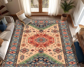 Traditional Style Rug, Antique Look Teppich, Washable Non-Slip Bohemian Area Rug, Turkish Distressed Large Rug 8x10, Rugs for Living Room
