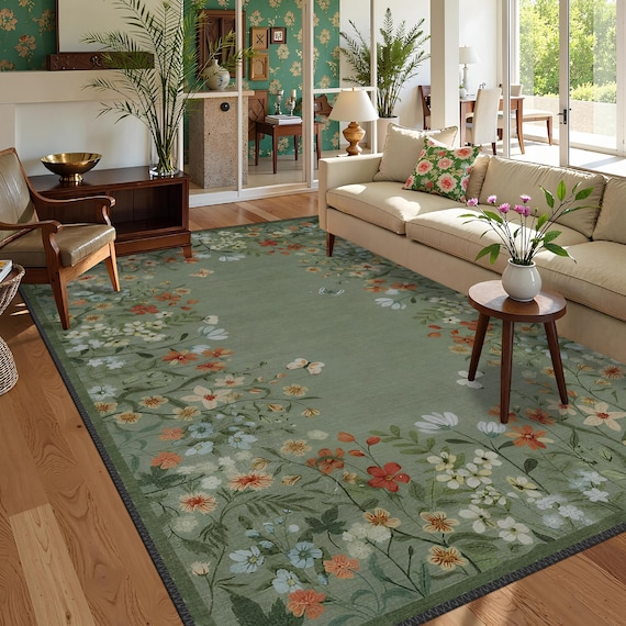 Boho Chic Elegance Floral Rug, Turkish Modern Unique Rug, Washable Non-Slip Rug, Distressed Large Area Rug, Rugs for Living Room Bedroom
