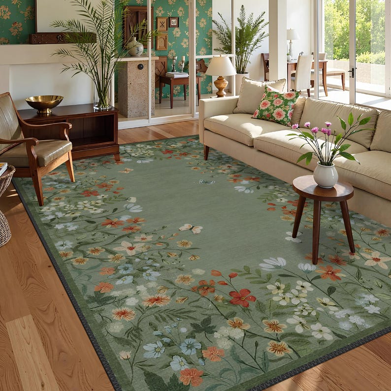 Peut inclure: Un tapis de salon vert &agrave; motifs floraux avec un fond vert clair et une bordure de fleurs color&eacute;es. Le tapis est dans un salon avec un canap&eacute; blanc et une table basse en bois.