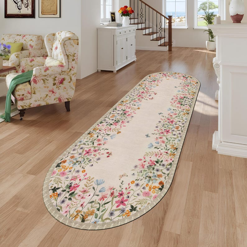 Boho Chic Elegance Floral Oval Rug, Turkish Modern Unique Rug, Washable ...