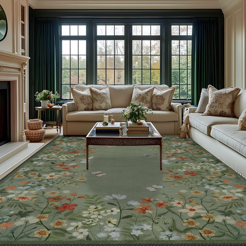 Peut inclure: Un tapis de salon vert &agrave; motifs floraux beiges, cr&egrave;me et orange. Le tapis est dans un salon avec deux canap&eacute;s beiges, une table basse en verre et des rideaux verts.