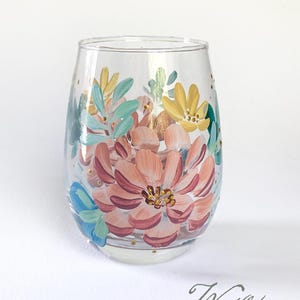 Stemless Wine Glass, Hand-Painted Blush Flower Glassware for Weddings, Gifts, & Special Occasions