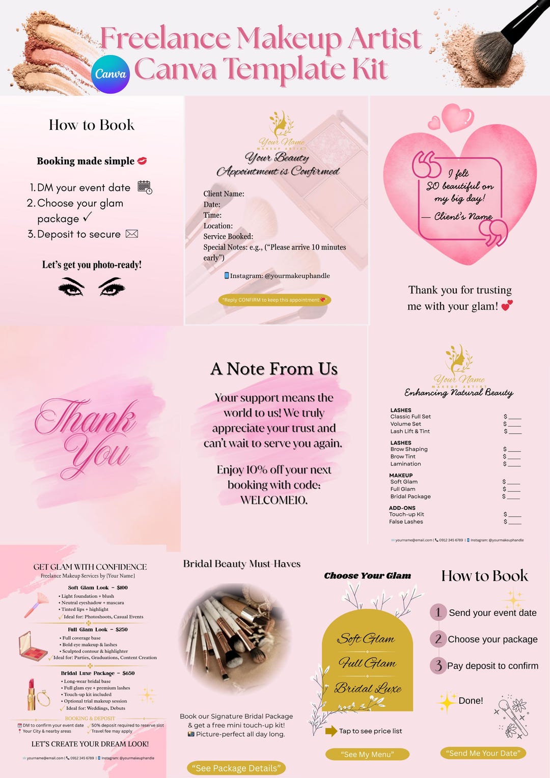 Editable Makeup Artist Canva Template Kit: Beauty Branding (digital ...