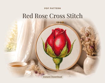 Kreuzstichmuster Rote Rose (PDF) – Aquarellblumen – Sofort-Download