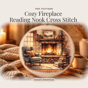 Patrón de punto de cruz en PDF para rincón acogedor de lectura junto a la chimenea, tapicería para interiores acogedores para amantes de los libros.