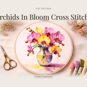 Orchids In Bloom Cross Stitch Pattern: Floral Vase (Digital Download)