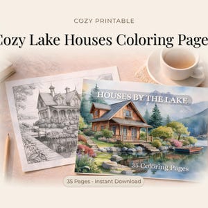 Lake House Coloring Pages, Cozy Cabin Pages, Relaxing Nature Printable