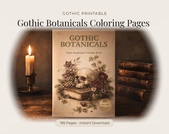 Gothic Botanicals Coloring Book, Dark Academia Coloring Pages, Skull Floral, Printable PDF