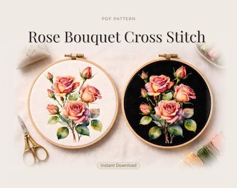 Rose Bouquet Cross Stitch Pattern: Watercolor Floral Embroidery (PDF Digital Download)