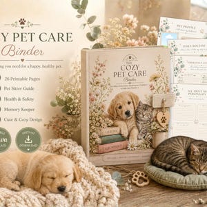 Puede incluir: Una carpeta de cuidado de mascotas en color beige con un cachorro de golden retriever y un gatito atigrado en la portada, rodeados de ilustraciones florales. El set incluye páginas imprimibles para perfiles, rutinas y contactos de emergencia.