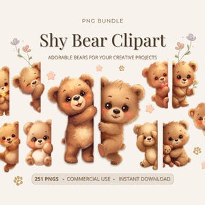 Pode incluir: Uma coleção de cliparts de ursinhos de pelúcia castanhos em estilo aquarela. Os ursos têm expressões fofas e seguram vários objetos. O texto diz "Shy Bear Clipart" e "Adorable Bears for Your Creative Projects."