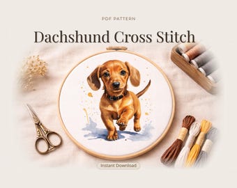 かわいいダックスフントのクロスステッチパターン | フープ刺繍 | PDF