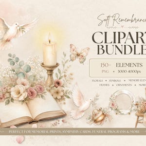 Puede incluir: Un paquete de imágenes prediseñadas de acuarela con una estética suave y vintage. La imagen presenta palomas, flores, una vela encendida, un libro abierto y otros elementos. El texto dice "Soft Remembrance" y "CLIPART BUNDLE" con 150+ elementos.