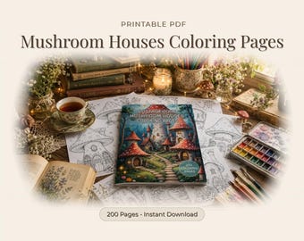 Mushroom House Coloring Pages , Cottagecore Fantasy Coloring Sheets , Printable PDF