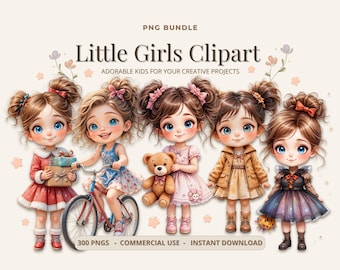 Little Girls Clipart Bundle | 300 PNG Files | Commercial Use | Kids Illustration Pack