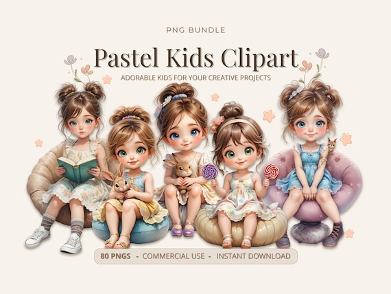 Kids Clipart Bundle, Pastel Girls PNG Set