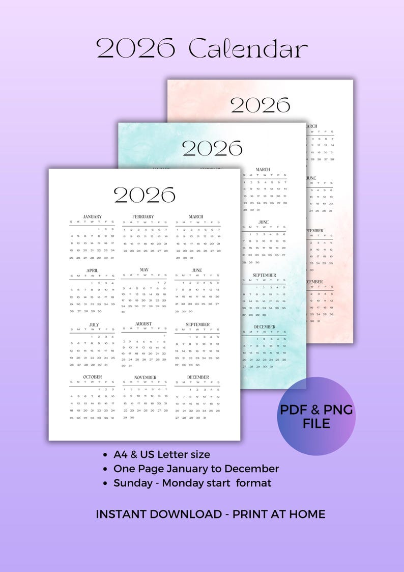 Minimal 2026 Calendar Printable – One Page Year PDF & PNG, Sunday and ...