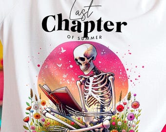 Gothic Skeleton Reading Art Print: Skull, Flowers, Sunset (Digital Download)