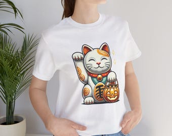 Maglietta di Halloween Maneki Neko, design zucca gatto portafortuna