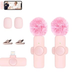 2 mini micrófonos de solapa inalámbricos de color rosa compatibles con ANDROIDS / Tipo C, micrófonos de solapa profesionales con chip de reducción de ruido.