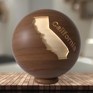 Globus aus Holz mit Kalifornien 3D-Karte. Einzigartige Kaffeetischdekoration für Wohnzimmer. Regal Dekorobjekte, Holzkunst Geschenk, Einweihungsparty Geschenk