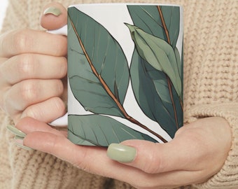 Eucalytpus Ceramic Mug, Artistic Plant Drawing, Springtime, 11oz 15oz Cup for Coffee or Tea, Floral Design Cup, Flower Plant Lovers