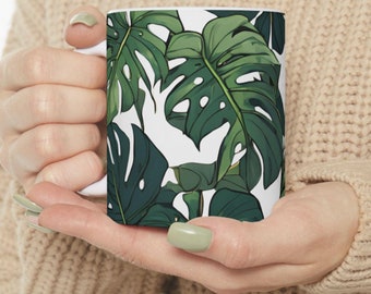Monstera Ceramic Mug, Artistic Plant Drawing, Springtime, 11oz 15oz Cup for Coffee or Tea, Floral Design Cup, Flower Plant Lovers