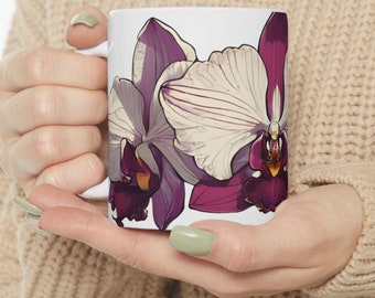 Orchid Ceramic Mug, Artistic Plant Drawing, Springtime, 11oz 15oz Cup for Coffee or Tea, Floral Design Cup, Flower Plant Lovers