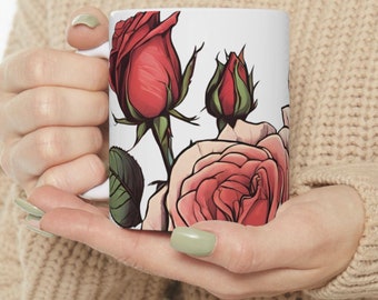 Rose Ceramic Mug, Artistic Plant Drawing, Springtime, 11oz 15oz Cup for Coffee or Tea, Floral Design Cup, Flower Plant Lovers