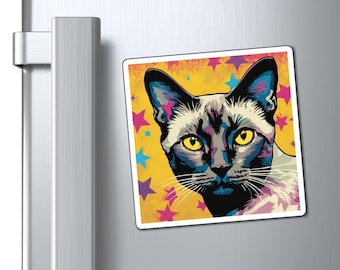 Siamese Cat Magnet, Colorful Feline Pop Art Magnet, Cute Kitty Refrigerator Decor, Fun Animal Gift, Cat Lover Kitchen Accessories, Cat Mom