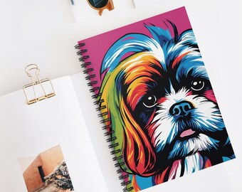 May include: A colorful, abstract illustration of a Shih Tzu dog's face. The dog's fur is painted in shades of blue, green, yellow, orange, and red. The background is a solid pink color.