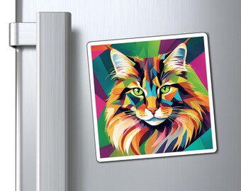 Maine Coon Cat Magnet, Colorful Feline Pop Art Magnet, Cute Kitty Refrigerator Decor, Fun Animal Gift, Cat Lover Accessories, Cat Mom