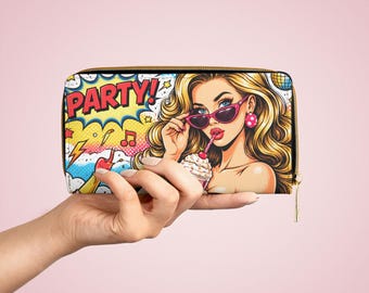 Pop Art Party Girl Reißverschluss Geldbörse | Retro Comic Cocktail Muster