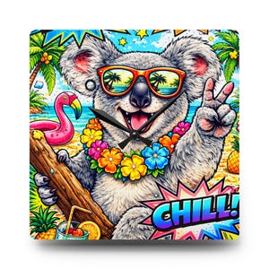 May include: Square wall clock featuring a cartoon koala wearing sunglasses and a flower lei, giving a peace sign. The koala is on a beach with palm trees, a flamingo, and the word "CHILL!" in a comic book style.