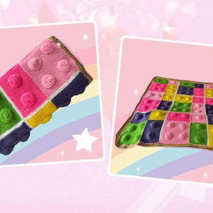 Puede incluir: Dos mantas de ganchillo hechas a mano. Una está doblada, mostrando un diseño de patchwork con círculos en relieve y detalles en forma de rosa. La otra está extendida, mostrando un patrón cuadrado similar en varios colores brillantes.