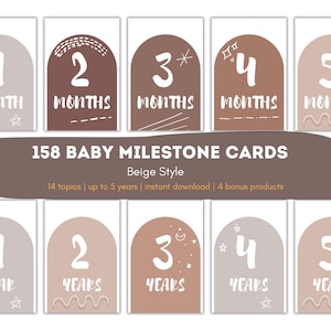 158 Baby Monatliche Meilenstein Karten - Gender Neutral Photo Prop für Neugeborene Junge & Mädchen, druckbare Baby Monat Karte Set - Geschenk zur Geburt