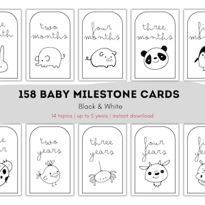 158 Schwarz-Weiß-Meilensteinkarten für Neugeborene - Gender Neutral Photo Prop für Neugeborene Jungen & Mädchen, druckbare Baby-Monatskarten