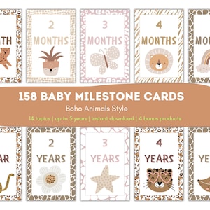 Cartes d'étape mensuelles Boho Baby, 158 animaux, accessoire photo neutre pour le sexe pour nouveau-né, garçon et fille, coffret cadeau à imprimer