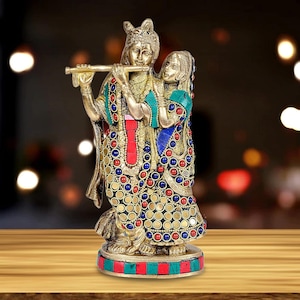 AONA Brass Lord Radha Krishna Idol Figurine Sculpture  Beautifully Designed Radha Krishna Murti for Home Office Temple, Height : 8.5 Inches