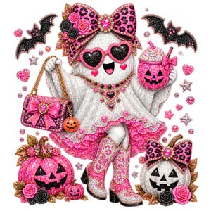 May include: A white ghost character wearing a large pink leopard print bow, heart-shaped sunglasses, and pink cowboy boots. The ghost holds a pink handbag and a pink pumpkin drink, surrounded by pink pumpkins, black bats, and scattered pink hearts.