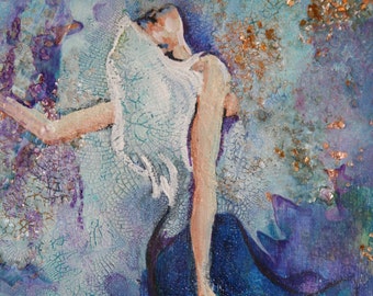 Small Original Painting - Female Figure in Blue and  White - 12 x 9 inches