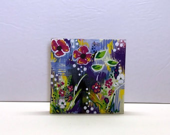 Painted Garden - tiny original painting - abstract and whimsical acrylic on wood canvas