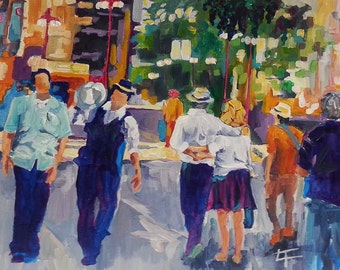 Original Painting, People on a City Street, Colorful Modern Art