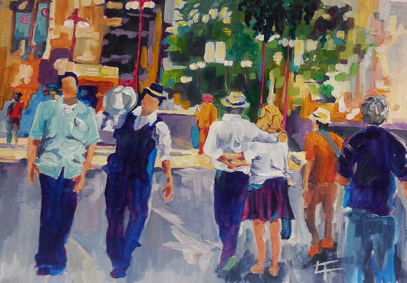 Original Painting, People on a City Street, Colorful Modern Art image 1