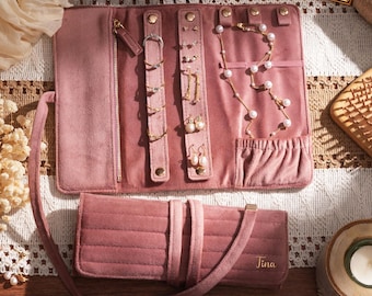 Rollo de joyas de terciopelo personalizado • Organizador de joyas de viaje único • Recuerdo de boda • Recuerdo de propuesta de dama de honor • Regalo del Día de la Madre para mamá